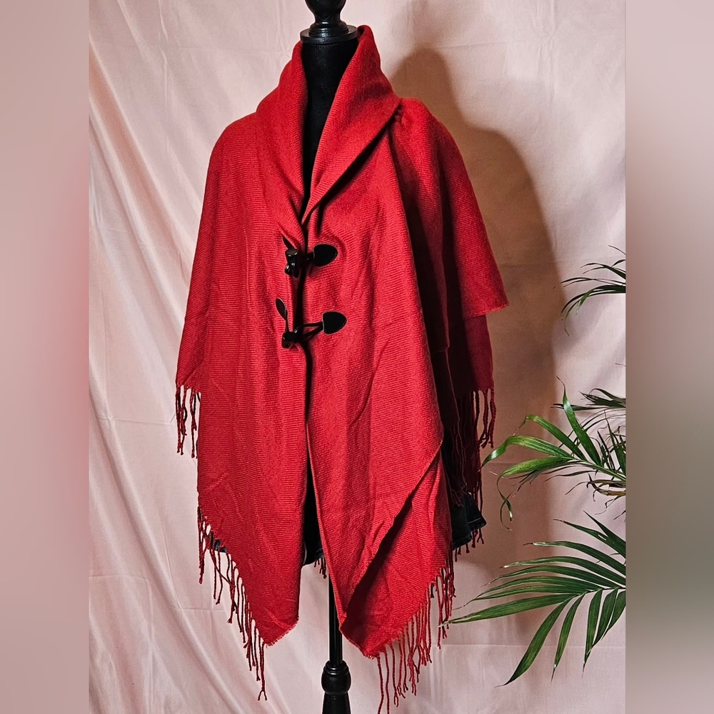 Bohemian Red Fringe Shawl Wrap / Toggle Front Cape - One Size - Picture 16 of 16
